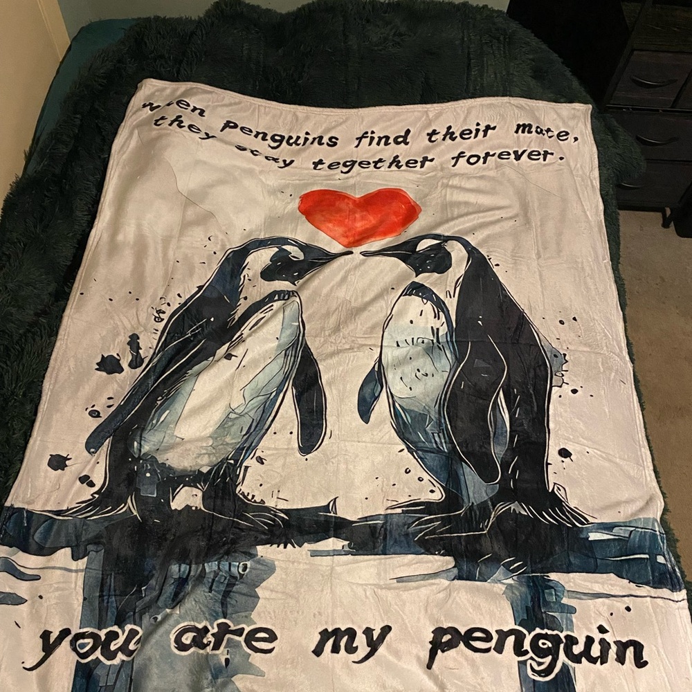 Penguin Themed Throw Blanket with Heart Design